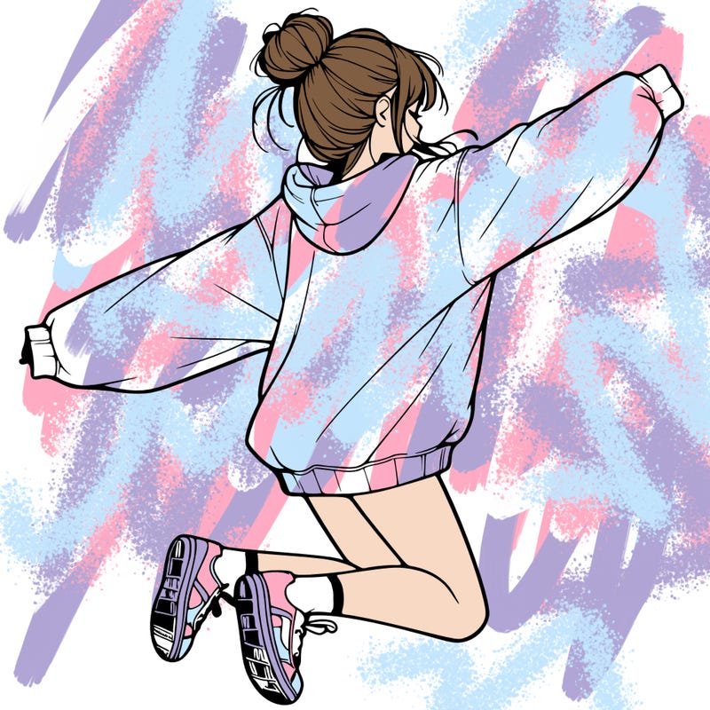 realistic girl jumping with a bun and oversized sweatshirt