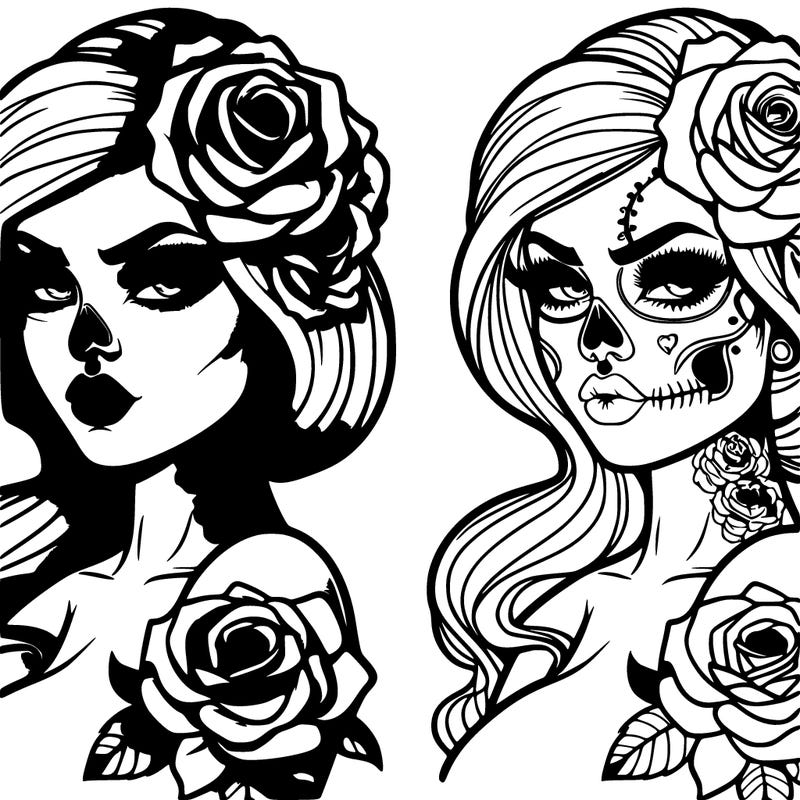 a realistic woman with rose and skull tattoos