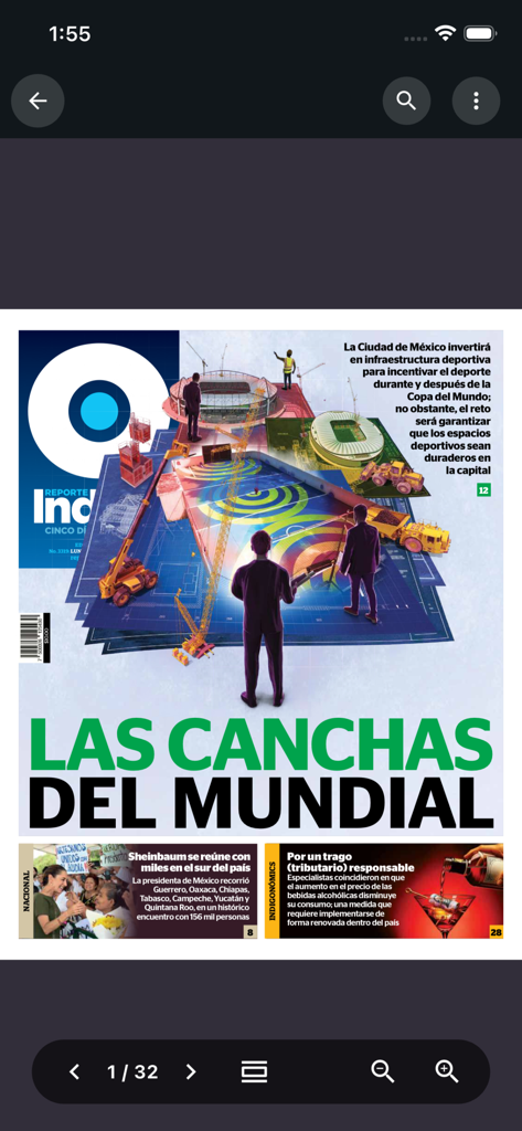 Reporte Índigo - Digital edition of the Reporte Indigo app displaying a cover story about World Cup stadium construction in Mexico City.