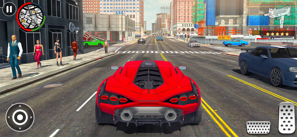 Ein roter Sportwagen fährt durch Stadtstraßen in einem Open-World-Kriminalsimulationsspiel.