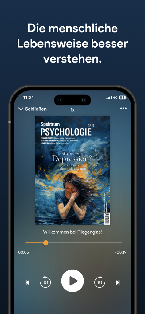 Interface do reprodutor do aplicativo Fliegenglas apresentando um audiolivro de psicologia completo da revista Spektrum
