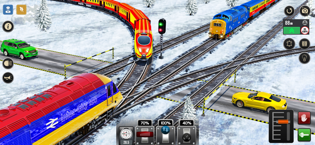 Train Games: Train Simulator - A 3D train simulation game featuring multiple locomotives on tracks in a snowy landscape with cars at a railroad crossing