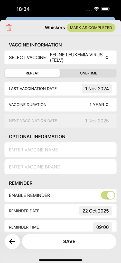 Pet Vaccination Tracker - Mobile interface for adding a cat vaccination record with reminder settings.