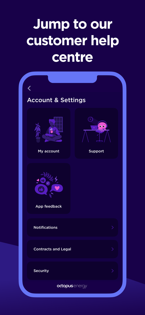 Octopus Energy app screen showing account and settings with options for support and help center