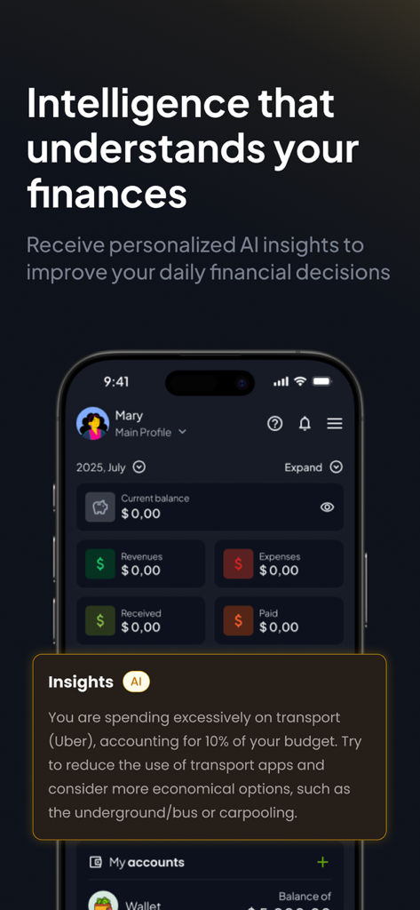 Despezzas: controle financeiro - Painel do aplicativo Despezzas mostrando insights financeiros personalizados de IA e análise de despesas