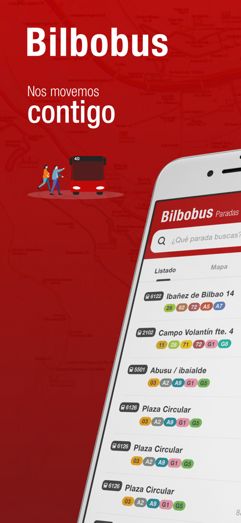 The Bilbobus app displaying a list of bus stops and route connections in Bilbao.