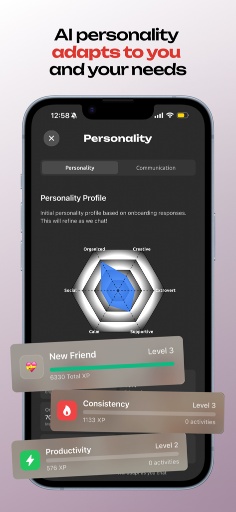 Pantalla de la aplicación Joii mostrando el perfil de personalidad de la IA con un gráfico de radar y tarjetas de progreso de nivel.