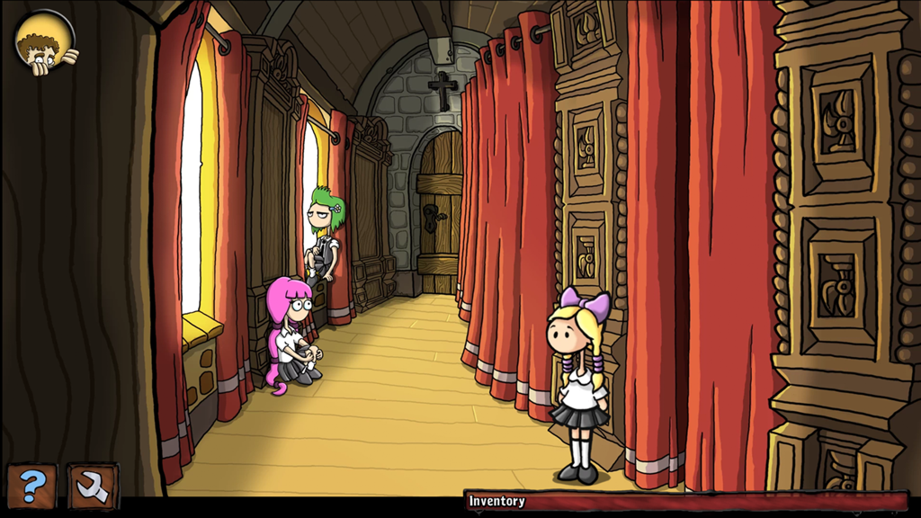 Lily debout dans un couloir d'école de couvent avec des rideaux rouges et d'autres élèves dans le jeu d'aventure point-and-click Harvey's New Eyes.