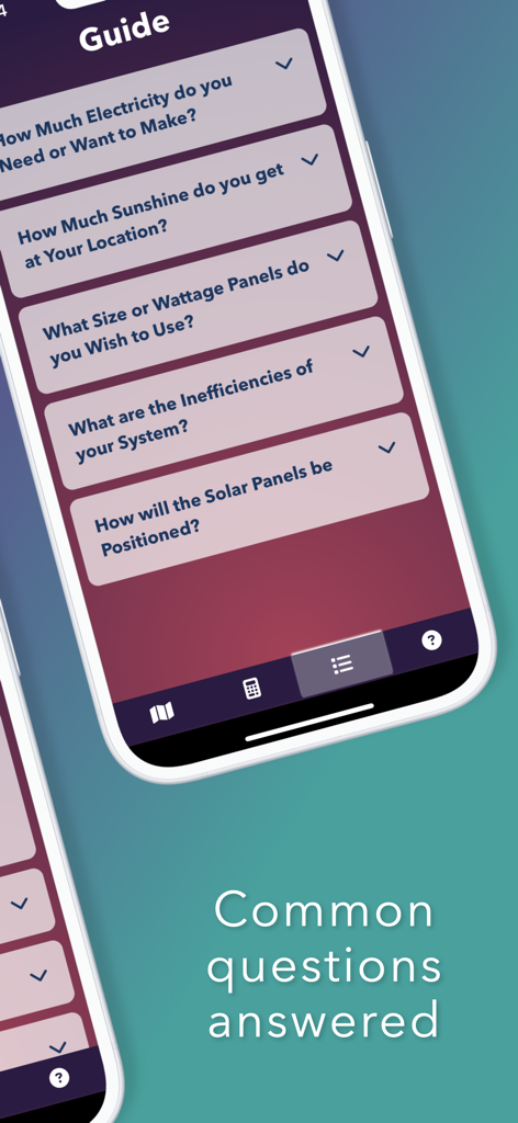 PV Master - Solar Panel System - PV Master app screen displaying common questions and guides for solar panel installation.