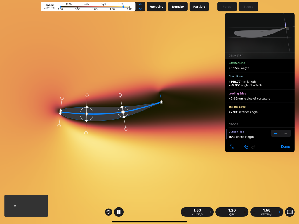 Wind Tunnel Simulation - Una simulación interactiva de personalización de geometría de perfil aerodinámico 2D y flujo de fluidos en un iPad