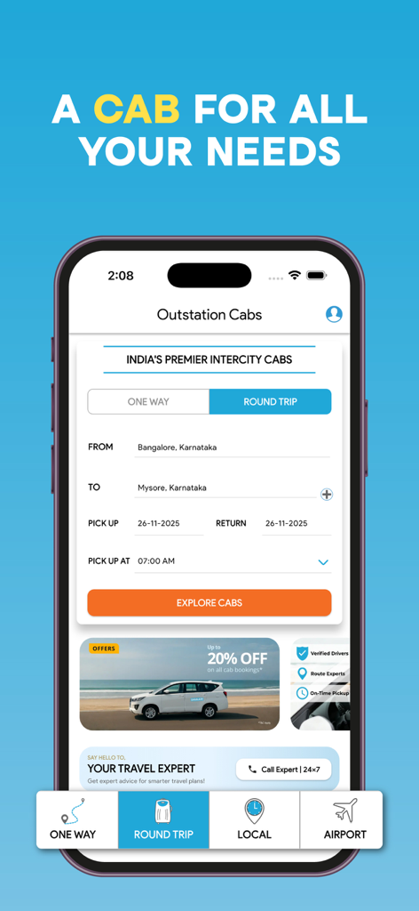 Savaari app interface showing the booking form for an outstation round trip taxi from Bangalore to Mysore.