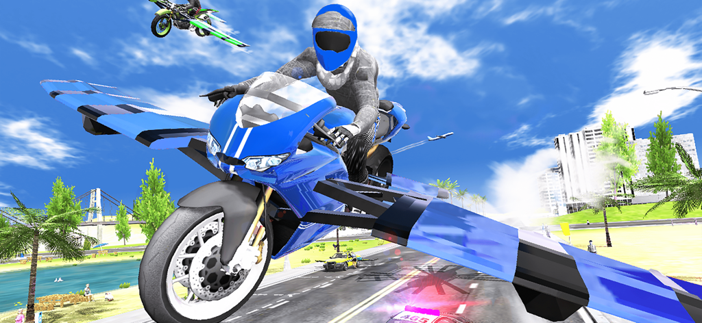 Una moto voladora azul con alas surcando una carretera costera de la ciudad en un juego de simulación.