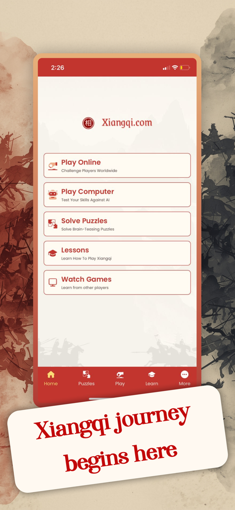 Xiangqi Chinese Chess Online - Menú principal de la aplicación Xiangqi Ajedrez Chino Online que presenta opciones para jugar en línea, desafiar a la computadora, resolver acertijos y tomar lecciones.
