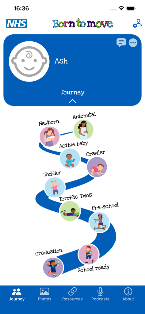 L'application Born to move montrant le parcours des étapes clés du développement d'un enfant, de la grossesse à la préparation à l'école