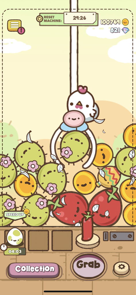 Clawbert - Captura de pantalla de jugabilidad de la aplicación Clawbert mostrando una linda máquina de garra llena de personajes redondeados