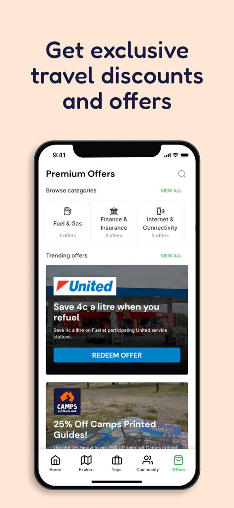 CAMPS: Camping Australia Wide - Captura de pantalla de ofertas de viajes premium y descuentos de combustible en la aplicación CAMPS