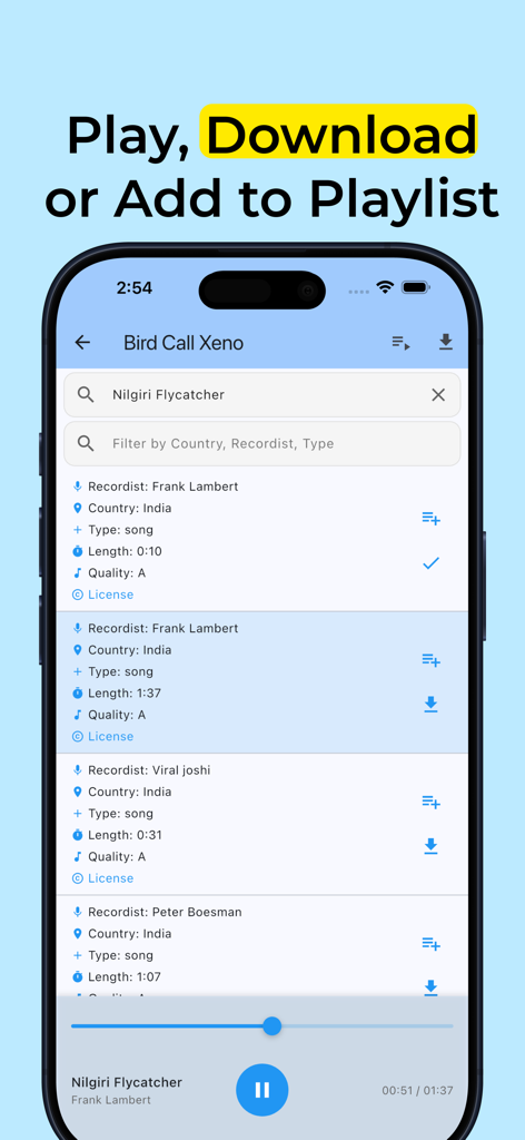 Bird Call Xeno - Bird Songs - Pantalla de la aplicación Canto de Aves Xeno mostrando los resultados de búsqueda de grabaciones de aves con opciones de reproducción y descarga