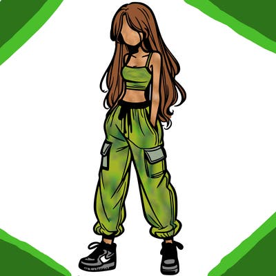 girl in baggy pants crop top and long hair