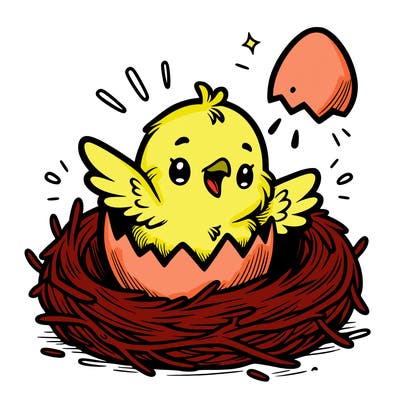 a baby chick hatching from an egg in a nest
