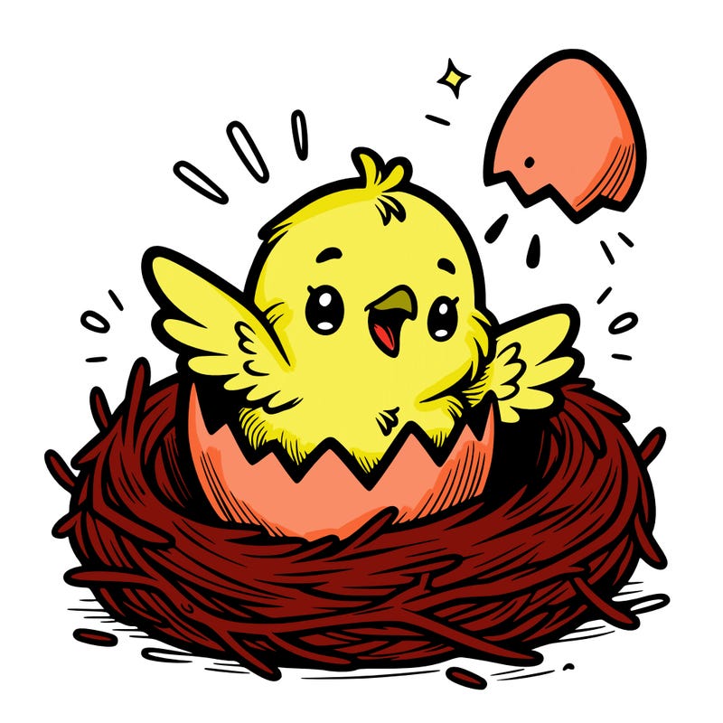 a baby chick hatching from an egg in a nest