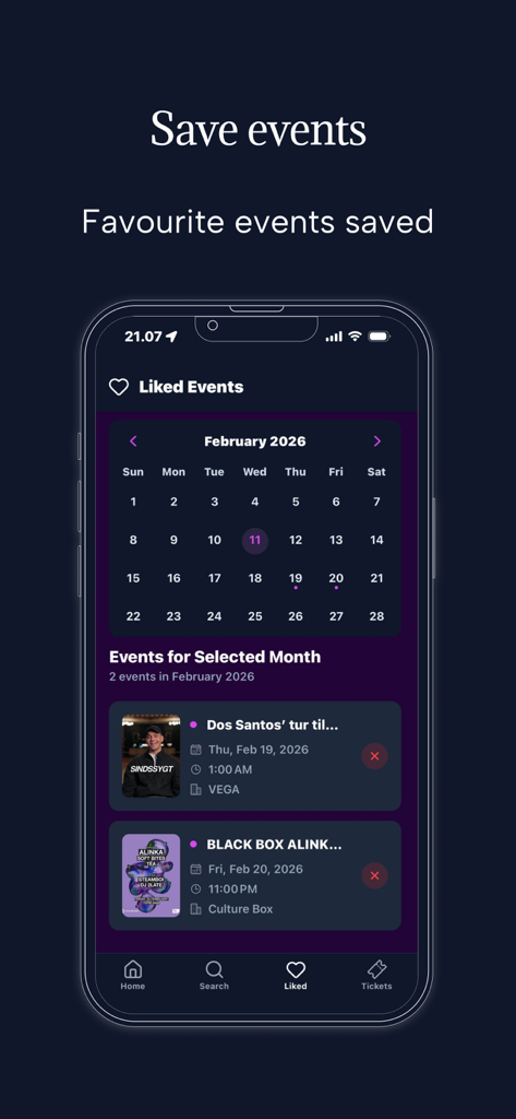 OPIC - Nightlife App - A mobile screen from the OPIC nightlife app displaying a monthly calendar and a list of saved favorite social events