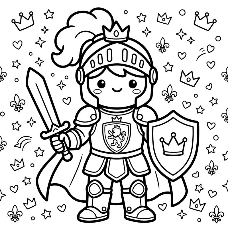 Step into a world of adorable chivalry with this delightful Kawaii Royal Knight coloring page. Featuring thick outlines and rounded shapes, it's perfect for all ages to bring to life with vibrant colors.