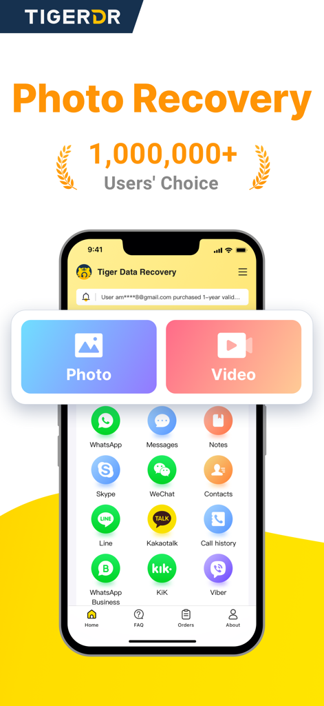 Tiger Data Recovery:Rescue - Tiger Data Recovery app interface showing options for photo video and social media message recovery on iPhone