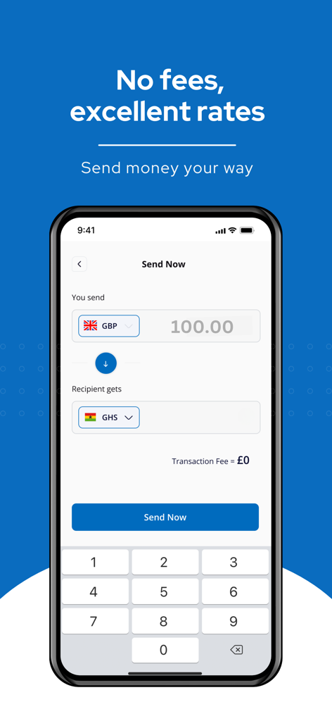 VeloRemit - Smartphone displaying the VeloRemit app screen for sending money from GBP to GHS with no fees