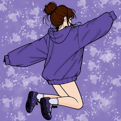 realistic girl jumping with a bun and oversized sweatshirt