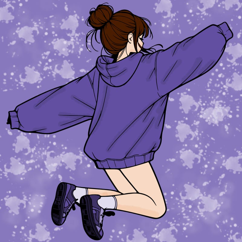 realistic girl jumping with a bun and oversized sweatshirt