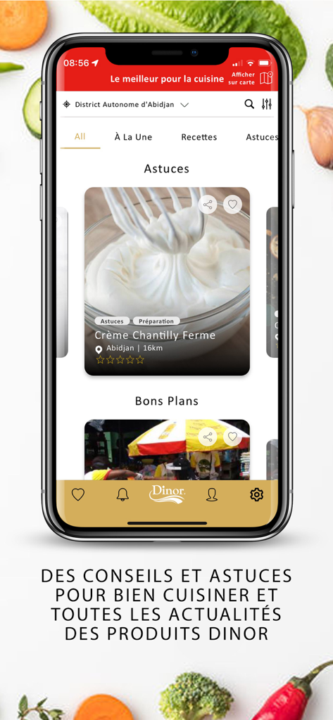 DINOR APP - Smartphone displaying the Dinor app interface featuring culinary tips and West African recipes.