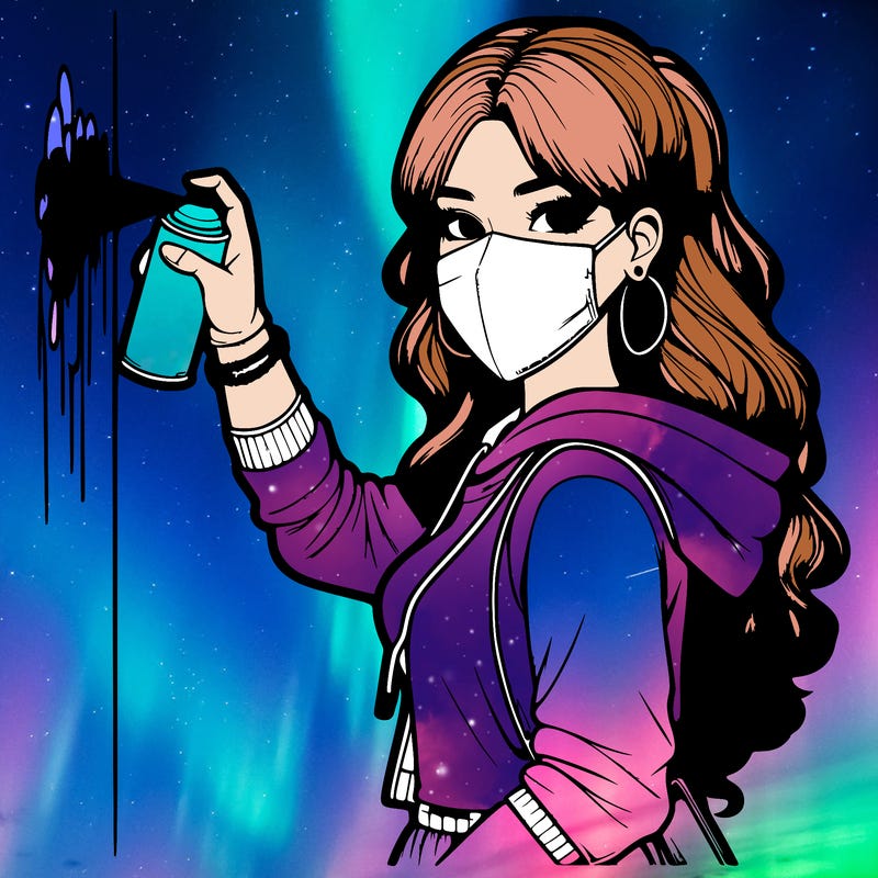 realistic girl with mask spray painting a wall