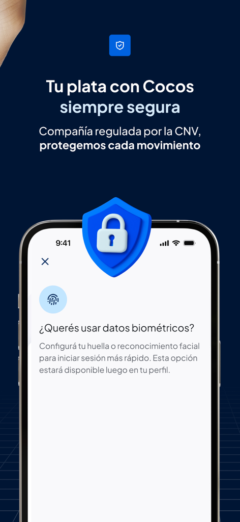 Écran d'un smartphone affichant les paramètres de sécurité de l'application Cocos pour la connexion biométrique et un message sur la réglementation de la CNV.