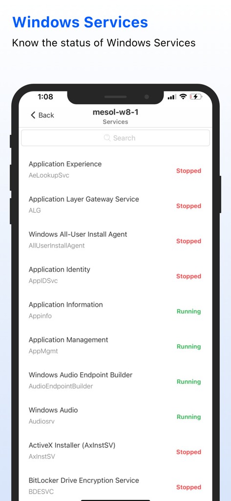 Screenshot der Windows Service Monitor App, der eine Liste von Windows-Diensten und deren aktuellen laufenden oder gestoppten Status auf einem Mobilgerät zeigt