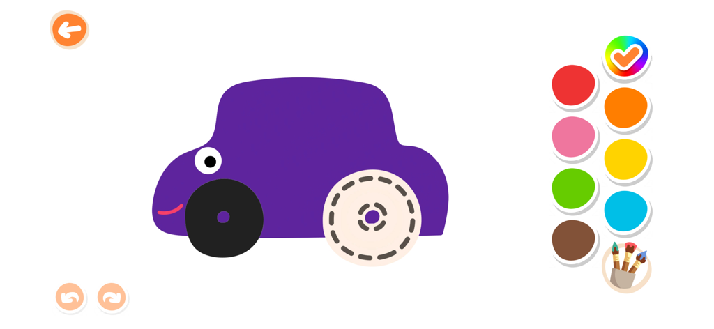 Interface of Kidify app showing a purple cartoon car to color with a palette of bright colors