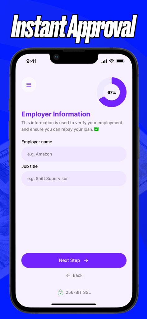 Mobile App-Bildschirm zur Eingabe des Arbeitgebernamens und der Berufsbezeichnung im Bewerbungsprozess von Cash Advance Now