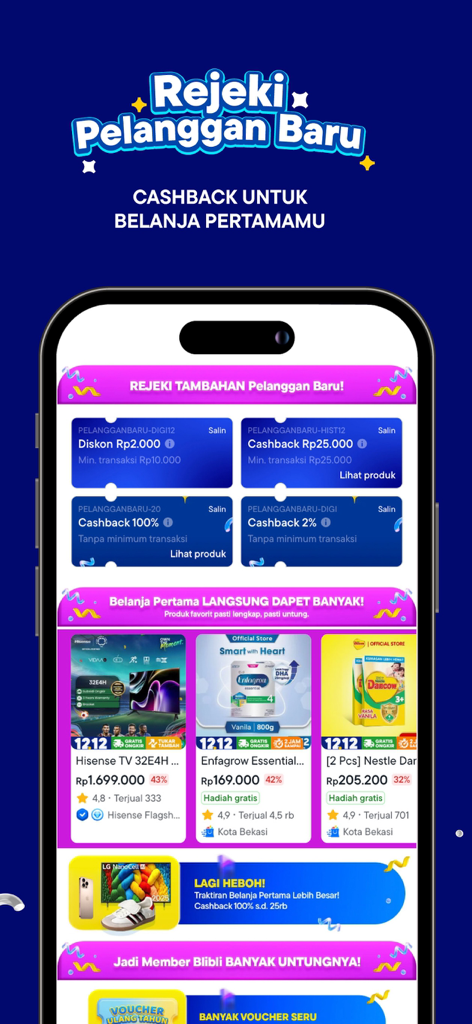 Blibli app screen showing new customer cashback offers and product discounts