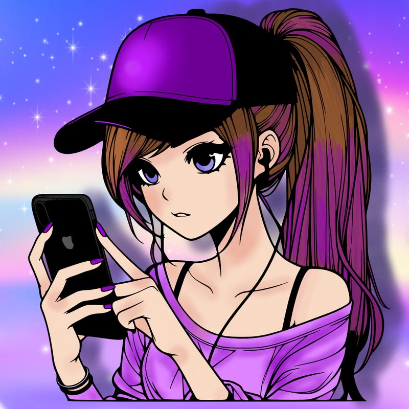 realistic girl with a long ponytail and trucker hat holding an iphone