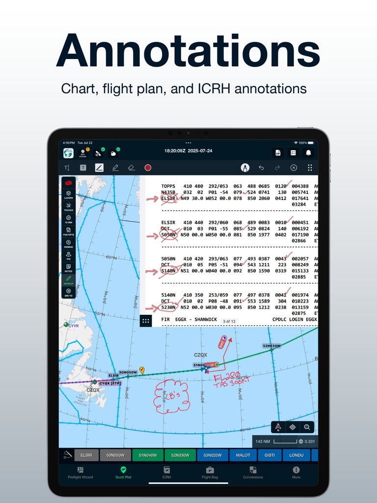 iPad screenshot of Scott IPC app showing electronic flight bag annotations on a navigation chart and flight plan