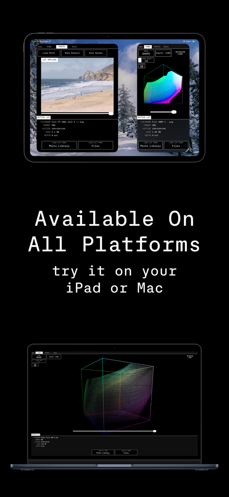 LUT Lab - The LUT Lab app interface displayed on an iPad and a Mac laptop showing the 3D color cube visualizer and photo processing tools.