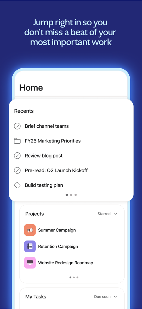 Asana: Work Management - Écran d'accueil de l'application mobile Asana montrant les tâches récentes et la liste des projets