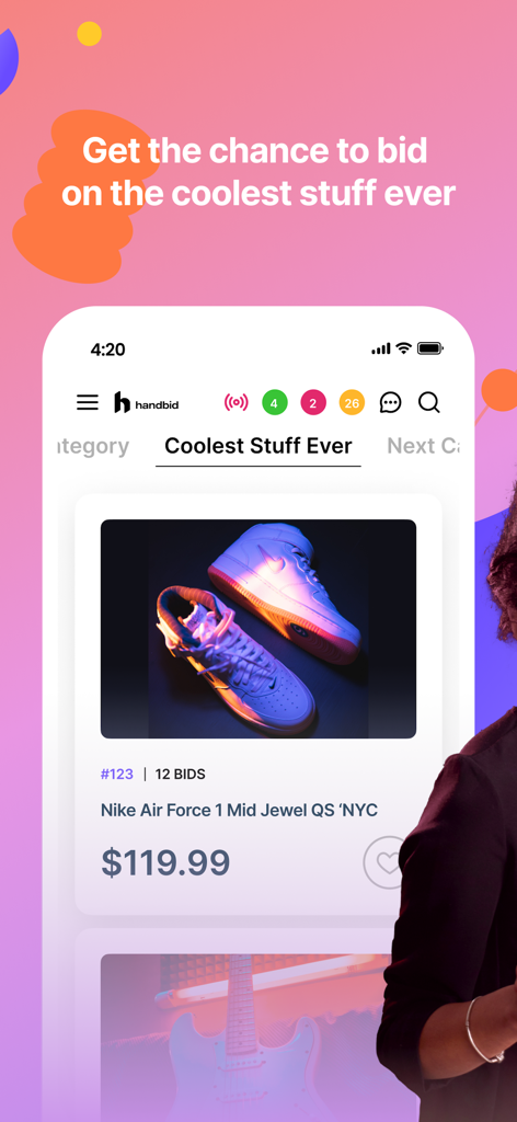 Handbid - Handbid mobile app interface showing a pair of Nike Air Force 1 shoes available for bidding