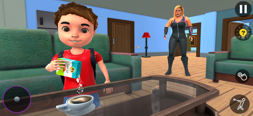 Evil Teacher Scary 3D Stranger - A naughty student pouring salt into a coffee cup to prank the evil teacher in a 3D house environment.