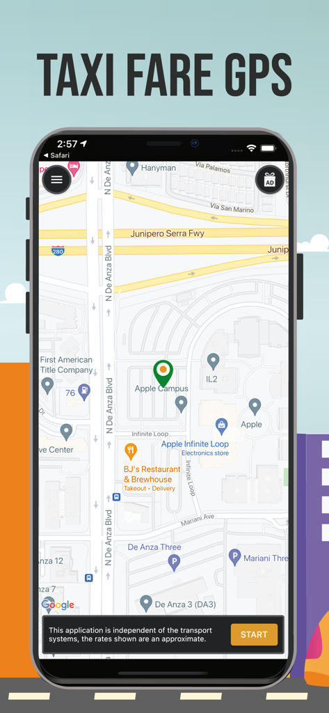 Interfaz de la aplicación Taxi Fare GPS que muestra un mapa del Apple Campus con un botón de inicio para el seguimiento del viaje