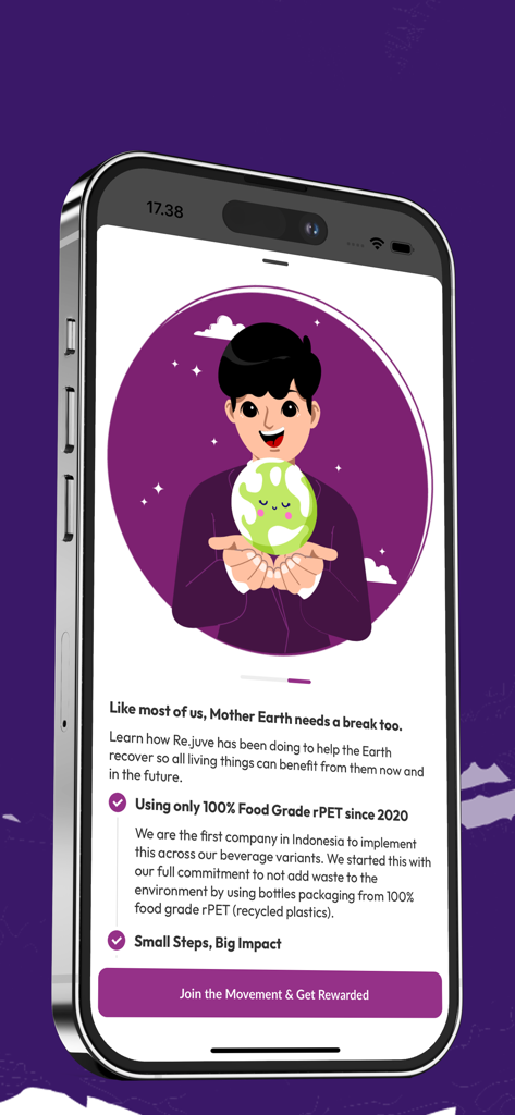 Re.juve True Cold-Pressed - Mobile app screen showing Rejuve's sustainability initiatives and recycled plastic bottle rewards program