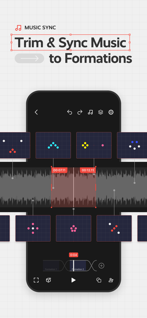 Choreographic: Dance Formation - Interface of Choreographic app showing music synchronization with dance formations using an audio waveform and formation snapshots