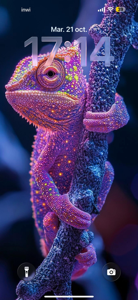 Lebendiger violetter und oranger Chamäleon-ästhetischer Hintergrund auf einem iPhone-Sperrbildschirm