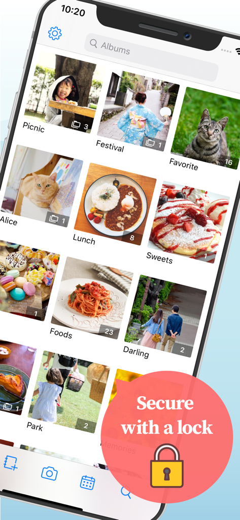 MyPics - A Powerful PhotoAlbum - MyPics app interface showing organized photo albums with a security lock feature.