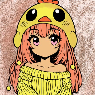 anime girl with chick shaped hat with sweater with bare shoulders with bangs covering them one eye with low tail