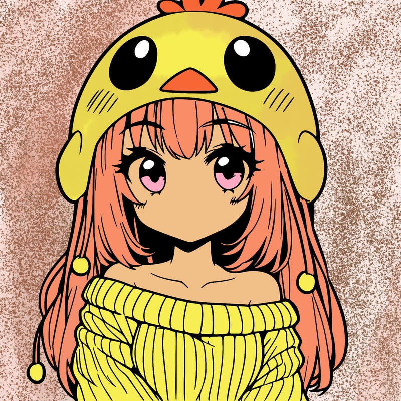 anime girl with chick shaped hat with sweater with bare shoulders with bangs covering them one eye with low tail